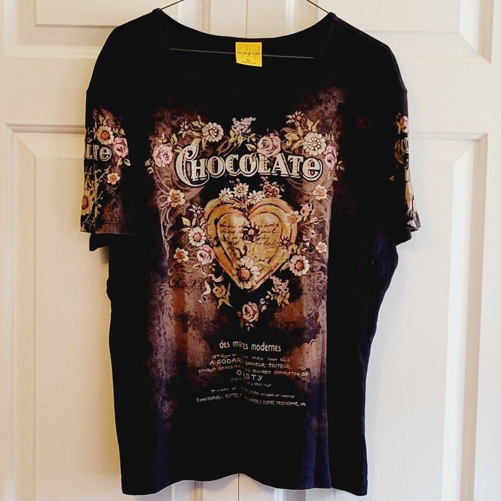 "Chocolate" Printed T-Shirt Embellished With Rhinestones